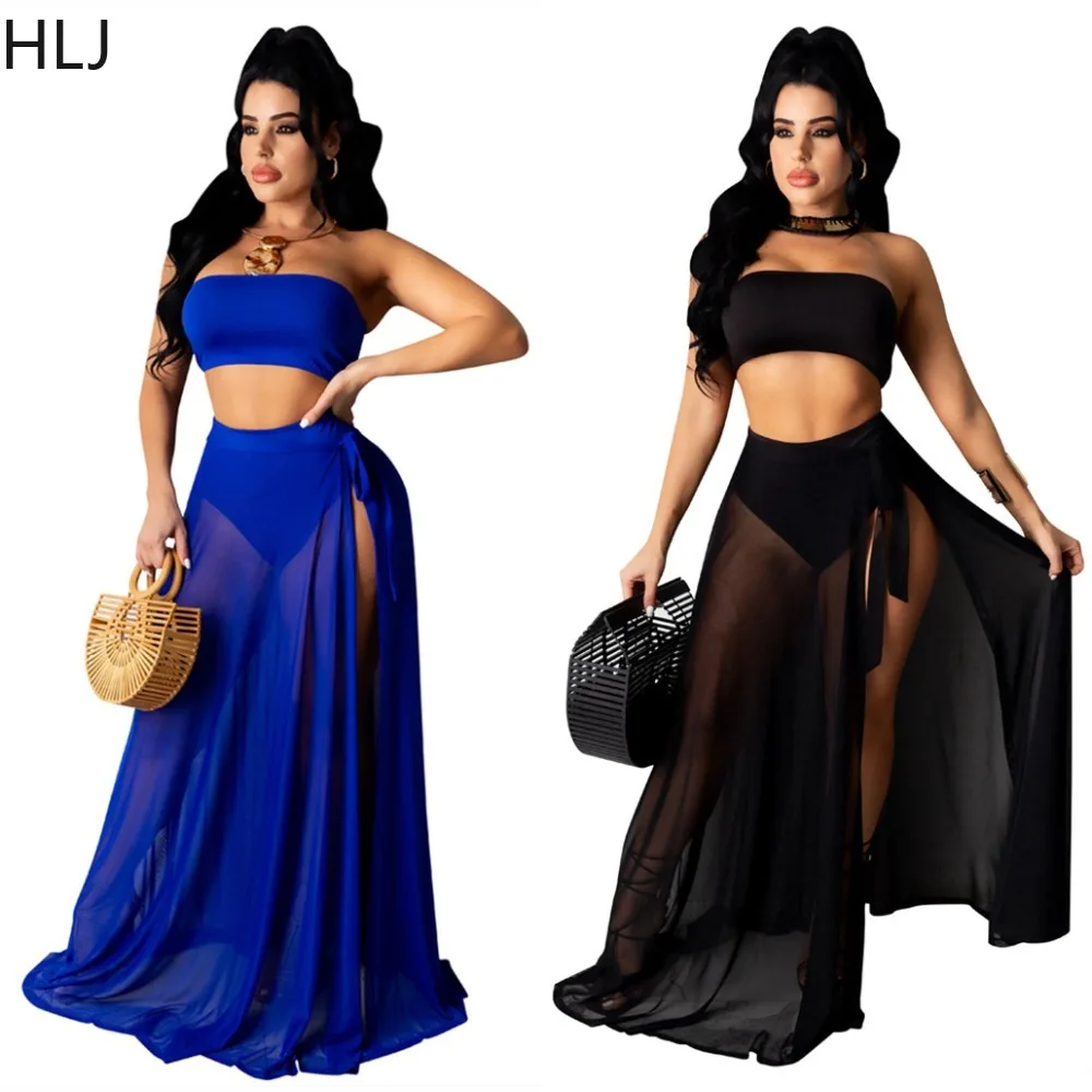 

HLJ Fashion Mesh Perspective Party Club Large Skirt Hem Two Piece Sets Women Sleevless Tube+High Slit Skirts Outfits Streetwear