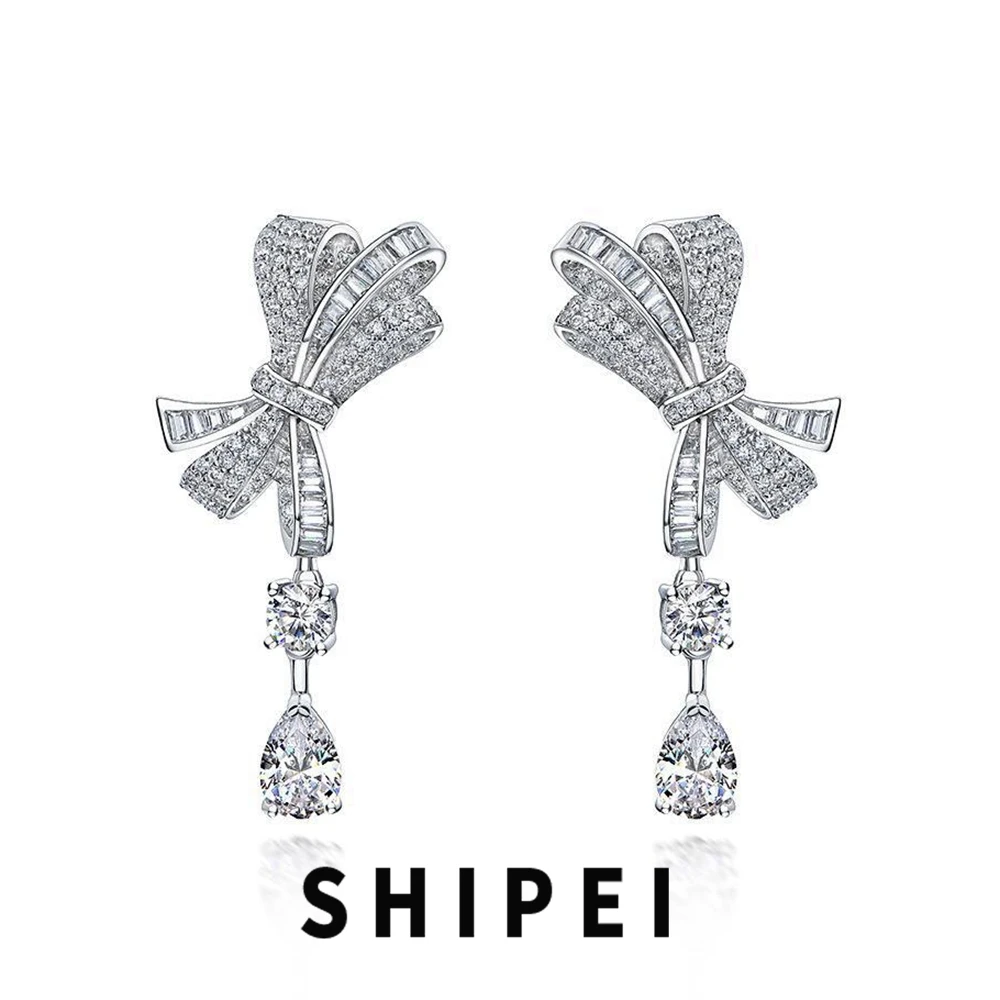 

SHIPEI 925 Sterling Silver Pear 1CT White Sapphire Gemstone Bowknot Dangle Earrings Wedding Engagement Fine Jewelry for Women