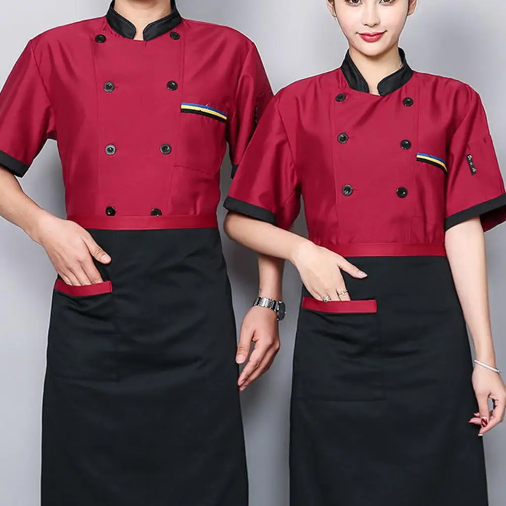 Unisex Chef Jacket Color Matching Double Breasted Short Sleeve Stand Collar Food Service Uniform Chef Shirt Waiter Top
Unisex Chef Jacket Color Matching Double Breasted Short Sleeve Stand Collar Food Service Uniform Chef Shirt Waiter Top