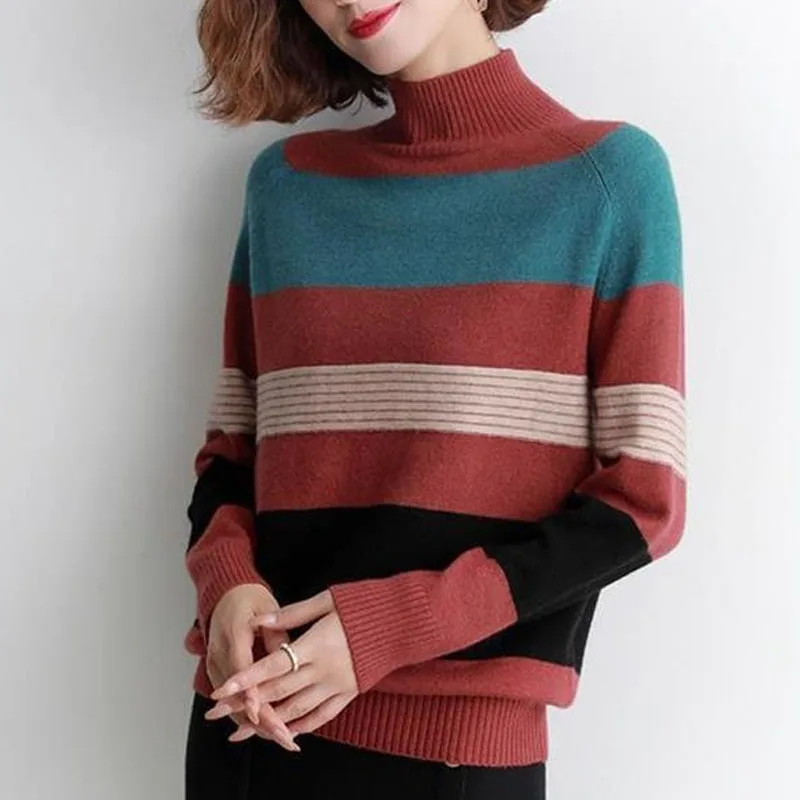 Autumn and Winter Fashionable Western Half High Neck Stripe Panel Versatile Thickened Loose Women's Knitted Long Sleeve Sweater
Autumn and Winter Fashionable Western Half High Neck Stripe Panel Versatile Thickened Loose Women's Knitted Long Sleeve Sweater