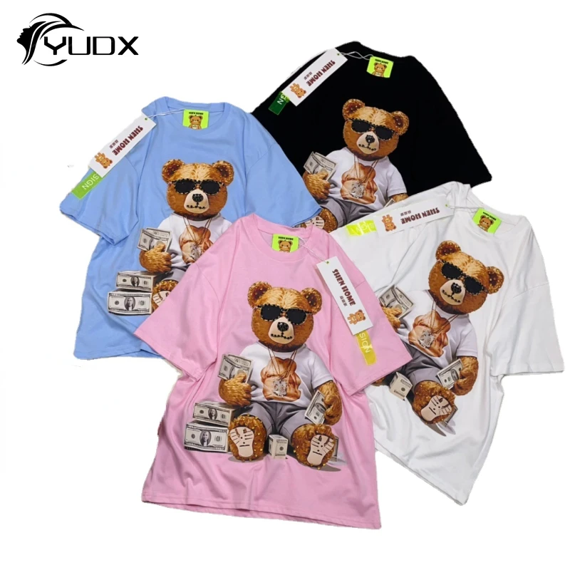 

YUDX Original Diamonds Bear Printed Women Short Sleeve T-shirt New Spring Summer Mid-long Basic Top Streetwear Loose Cotton Tees