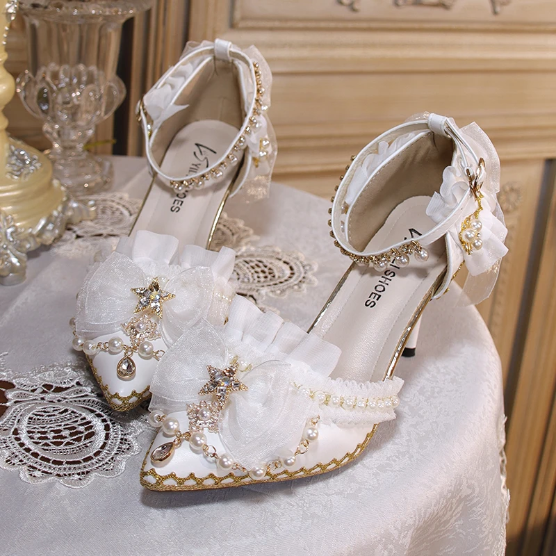 

Original One Night Story Lolita Shoes Tea Party Bridal Wedding Shoes White Pointed Flower Wedding Shoes High Heels Lo Shoes