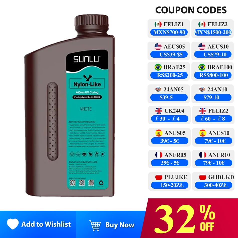 SUNLU/JAY0 нейлон как 1 кг 395-405 нм UV светильник отверждение 3d-печати для 3D принтера 2K 4K 6K 8K LCD/DLP/SLA
SUNLU/JAY0 нейлон как 1 кг 395-405 нм UV светильник отверждение 3d-печати для 3D принтера 2K 4K 6K 8K LCD/DLP/SLA