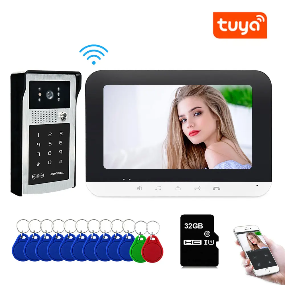 

Smart Home 7 " Tuya WiFi Video Doorbell Waterproof Outdoor Door bell Intercom System Door Phone Camera With ID Card Key Password