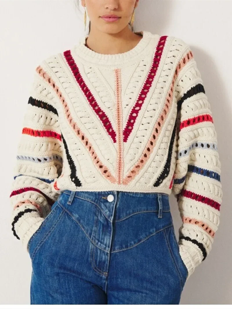 Sweaters for Ladies 2023 New O-Neck Hollow Out Stripes Colorful Sweet Long Sleeve Knitted Pullover
Sweaters for Ladies 2023 New O-Neck Hollow Out Stripes Colorful Sweet Long Sleeve Knitted Pullover