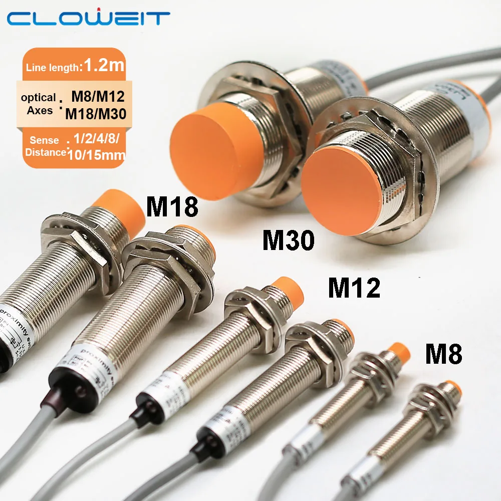 

M8 M12 M18 30 Approach Sensor Inductive Proximity Sensor Switch DC 12V AC 110V NO NC NPN PNP Detection Metal Switches 1.2m Line