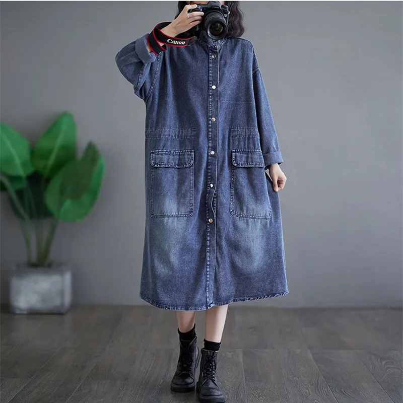 

Women's 2024 Spring Long Sleeved Stand Collar Denim Jacket Medium Length Loose Fitting Trench Coat Retro Streetwear Windbreak