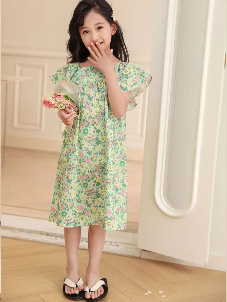 

New 2024 Girls Floral Dress Fly Sleeve Summer Children's Dresses Print Flowers 2 To 14 Years Teen Girl Clothes Green Color