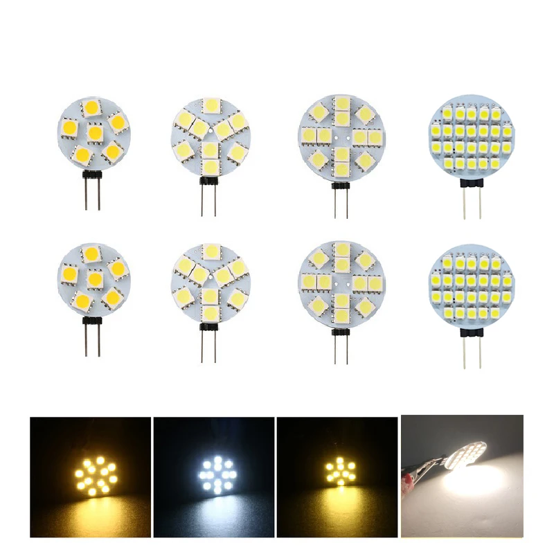 

10PCS G4 Socket 5050 SMD led Bulb on DC 12V Replace Halogen Bi-pin Lamp LED Bulb 6/9/12/24SMD LED Boat Warm cold White led light