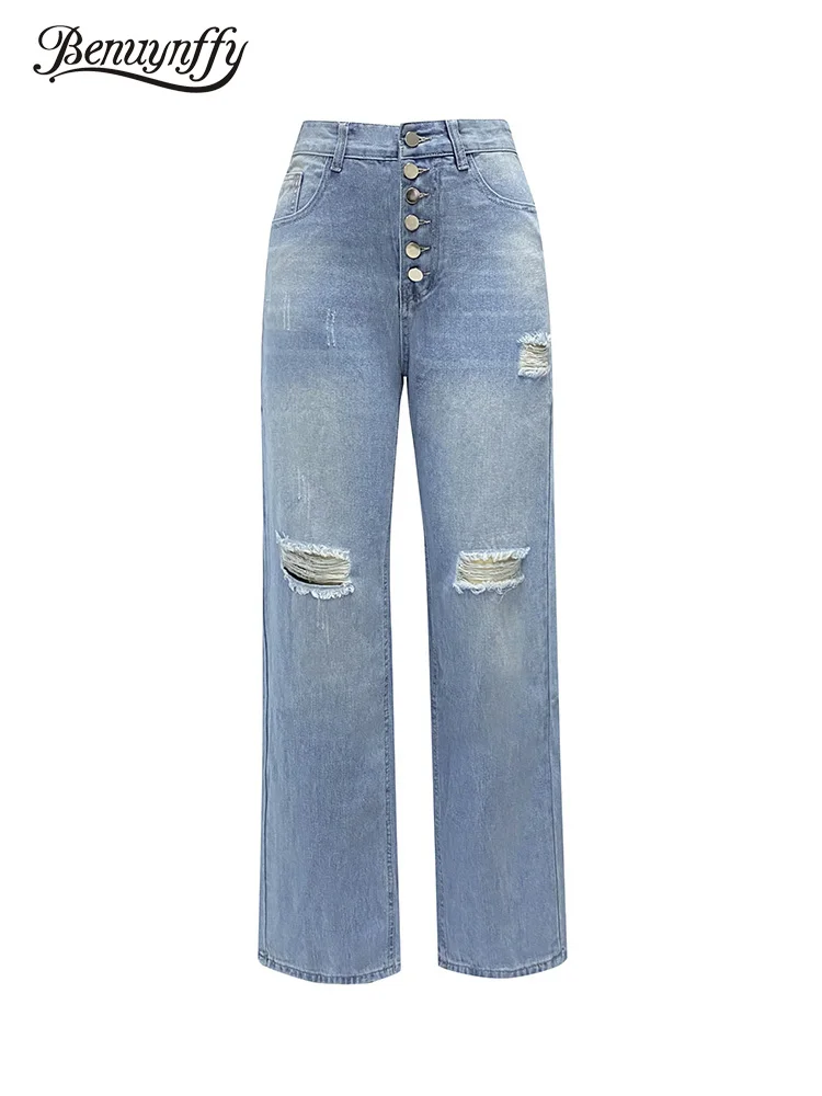 

Benuynffy Vintage 6 Button Fly Boyfriend Jeans Women New Pockets High Waist Casual Streetwear Loose Straight Leg Ripped Jeans