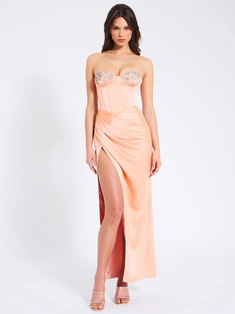 

New Sexy Strapless Corset Diamonds Embellished Dress Women Sleeveless Folds Slit Long Dresses Elegant Evening Party Gowns