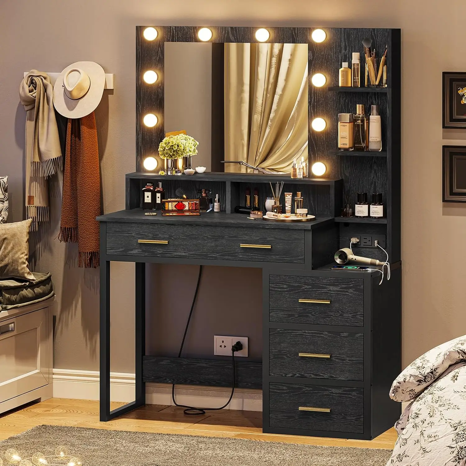 Makeup Vanity with Lights and Charging Station, Vanity Desk with Mirror and Lights, Dressers with 5 Drawers and Shelves, Black
Makeup Vanity with Lights and Charging Station, Vanity Desk with Mirror and Lights, Dressers with 5 Drawers and Shelves, Black
