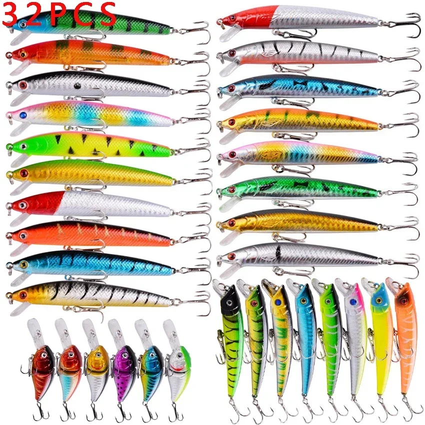 32PCS Mix Color Minnow Fishing Lures Set Floating Hard Wobbler Crankbait 3D Eyes Artificial Bait Trout Pike Carp Fishing
32PCS Mix Color Minnow Fishing Lures Set Floating Hard Wobbler Crankbait 3D Eyes Artificial Bait Trout Pike Carp Fishing