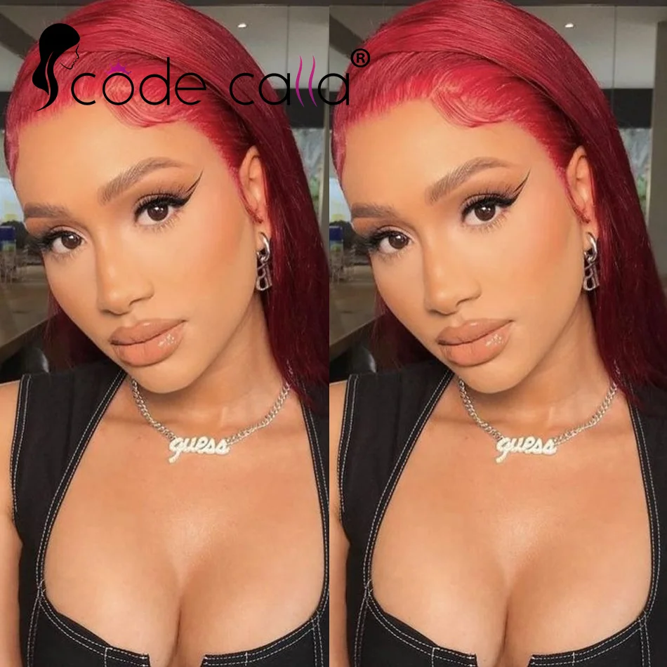 

13x4 99J Short Bob Wig Human Hair Dark Red Burgundy Color Full Frontal Bob Wigs Blunt Cut Bone Straight Front For Black Woman