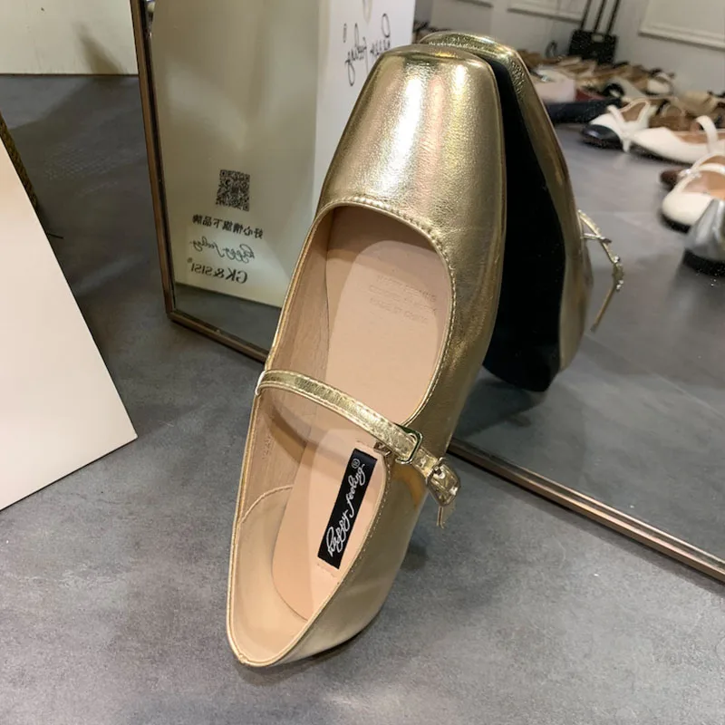 

2024 Summer New Brand Women Gold Flats Fashion Square Toe Shallow Mary Jane Shoes Soft Casual Ballet Shoes Slingback Shoes