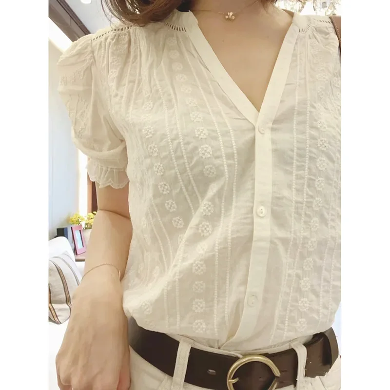 

Casual V-neck Short Sleeve White Shirts for Women Office Wear Cotton Summer Shirt 2022 Vintage Ruffles Loose Blouses Camisa