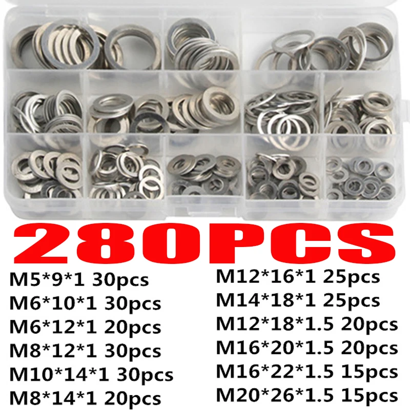 

280Pcs M5 M6 M8 M10 M12 M14 M16 M20 Aluminum Flat Gaskets Washers Assorted Gasket Metal Sealing Washer Aluminum Sealing Rings