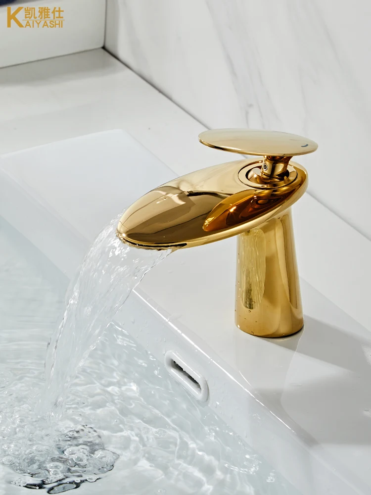 

Waterfall-style basin faucet hot and cold gold new creative household bathroom bathroom sink copper washbasin faucet.