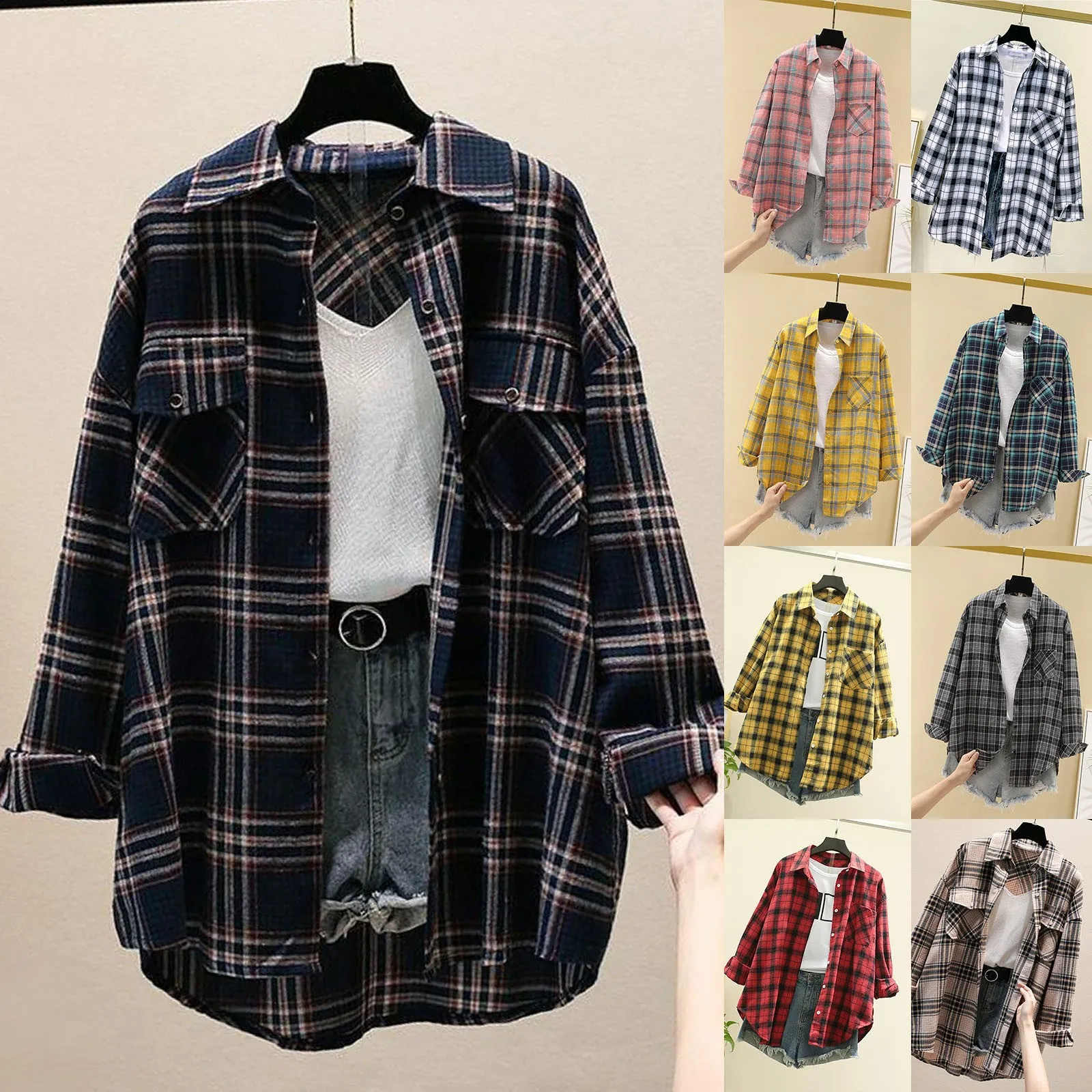 

2024 Summer New Loose Casual Womens Plaid Shirt Fine Female Long Sleeve Blouses Tops Fresh Elegant Design Female Checked Clothes