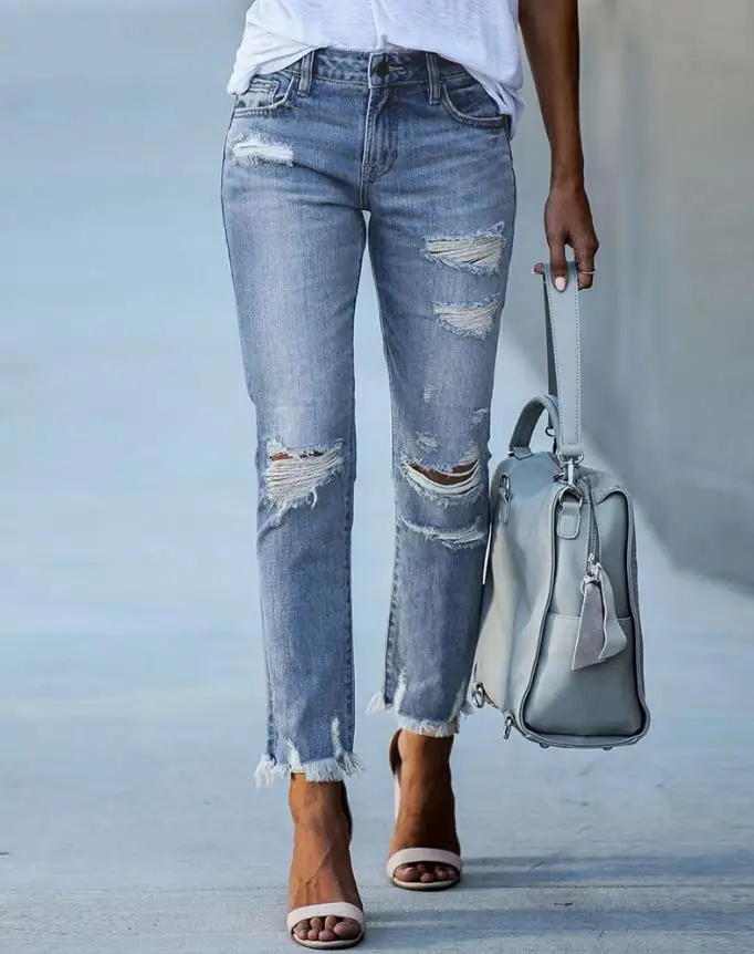

Women's Fashion Jeans Vintage Art Zipper Fly Cutout Ripped Raw Hem Skinny Jeans 2024 Spring/summer Latest Button Pocket Denim