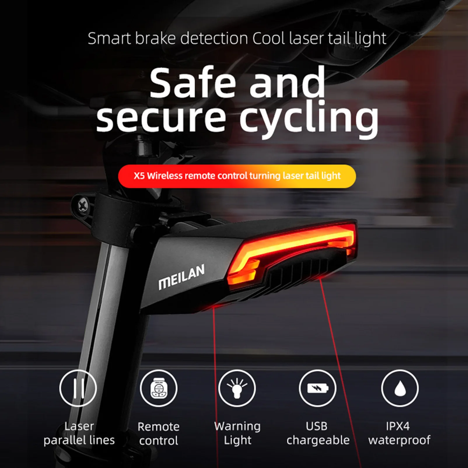 

Meilan X5 Bicycle Rear Light Bike Remote Wireless Light Turn Signal LED Beam USB Chargeable Cycling Tail Light