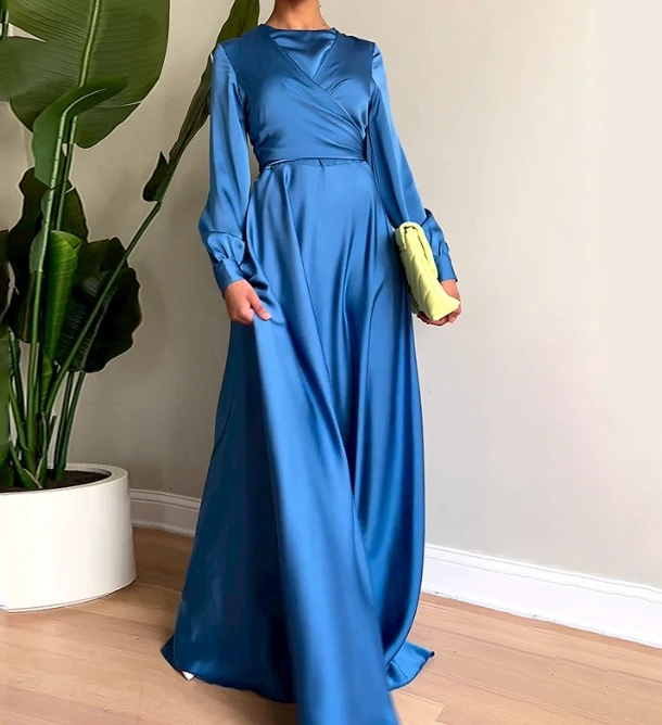 

Женское атласное платье с длинным рукавом, синее элегантное свободное облегающее платье-трапеция, вечернее платье, осень 2023