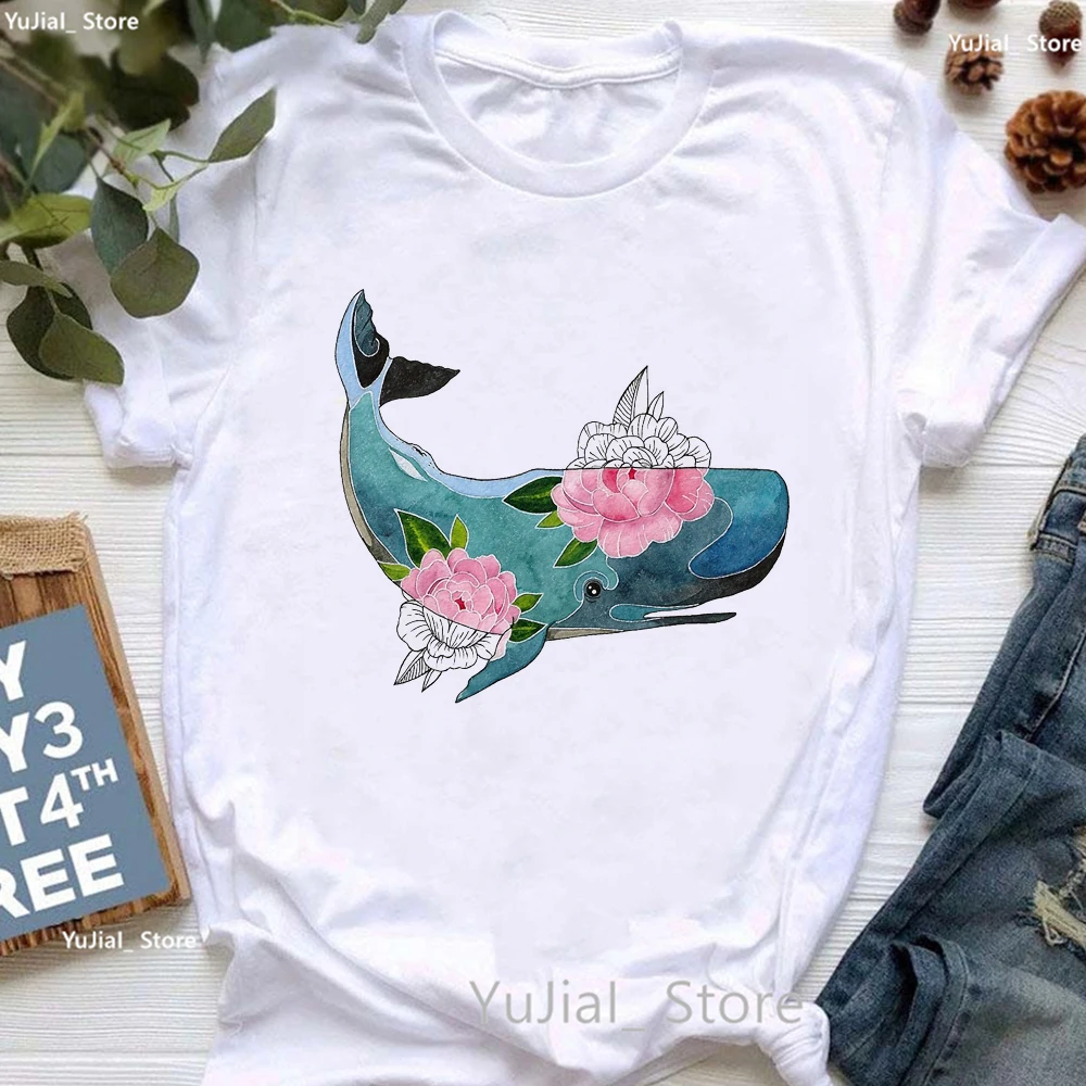 

2024 Cachalot Whale With Flowers Print T Shirt Girls Summer Fashion Short Sleeve Tshirt Femme Aesthetic Clothes White T-Shirt