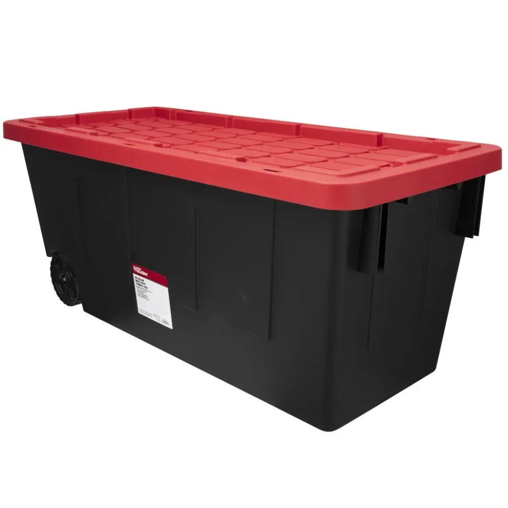 

50 Gallon Snap Lid Wheeled Plastic Storage Bin Container, Black with Red Lid , Free Shipping