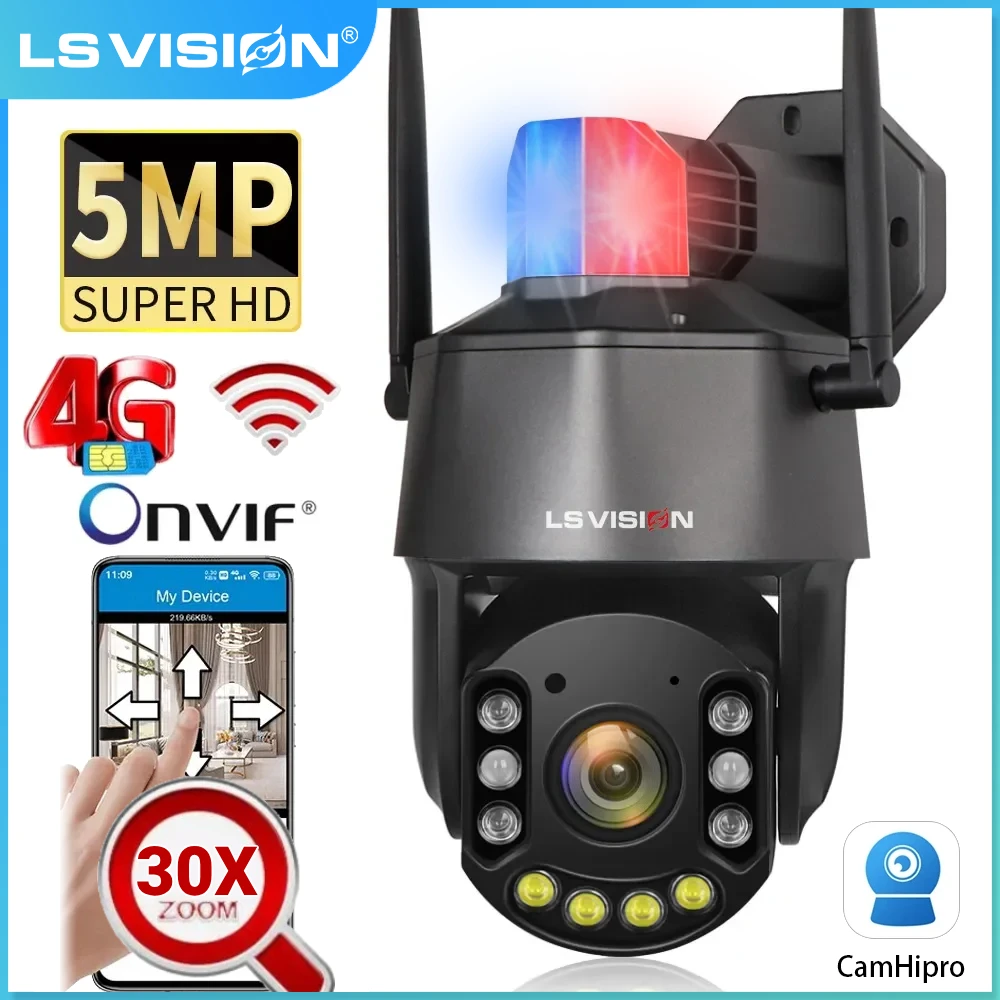 

LS VISION 5MP 30X Optical Zoom Outdoor Surveillance Camera PTZ WIFI 4G Red Blue Warning Lights Auto Tracking IR 150M CCTV Camra