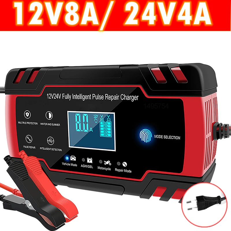 

Truck Car Battery Charger 24V 4A 12V 8A AGM Gel Lead Acid Battery Pulse Charge With LCD Display EU US Plug