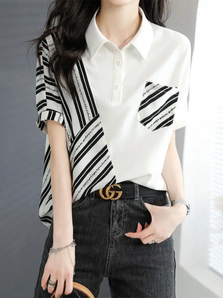 Fashionable Casual Striped Patchwork Short Sleeved T-shirt Summer Casual Loose Slimming Versatile Tops Fashion Clothes for Women Fashionable Casual Striped Patchwork Short Sleeved T-shirt Summer Casual Loose Slimming Versatile Tops Fashion Clothes for Women