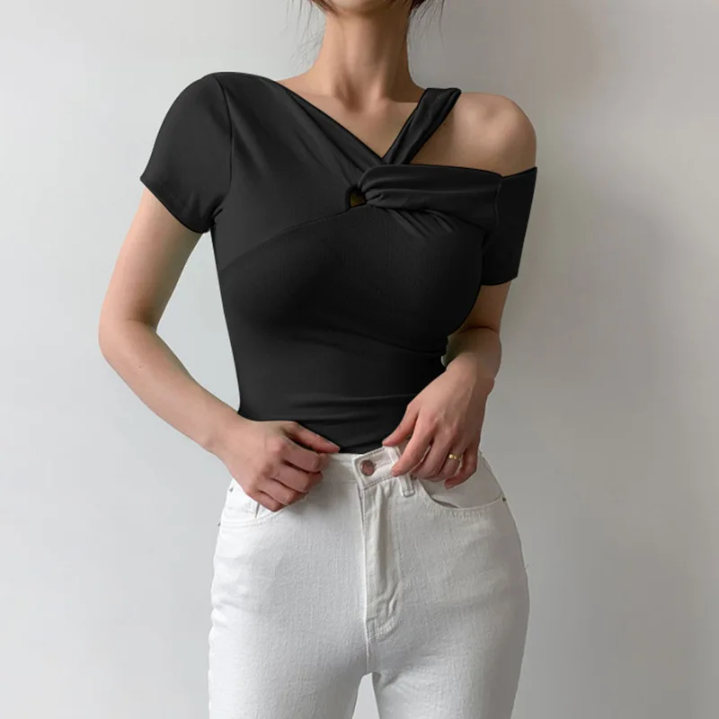 

2023 New Summer Design Sense Twisted Hollow Short-sleeved T-shirt Strapless Tight-fitting Slimming Short Crop Y2k Top Women