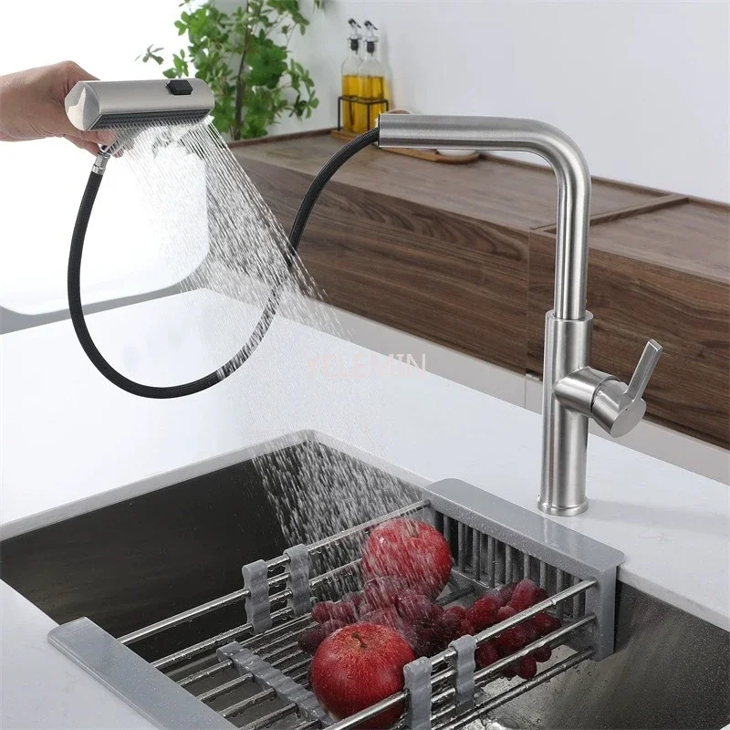 

Black Kitchen Faucets Gray Pull Out Rotation Waterfall Stream Sprayer Head Sink Mixer Brushed Nickle Water Tap Accessorie