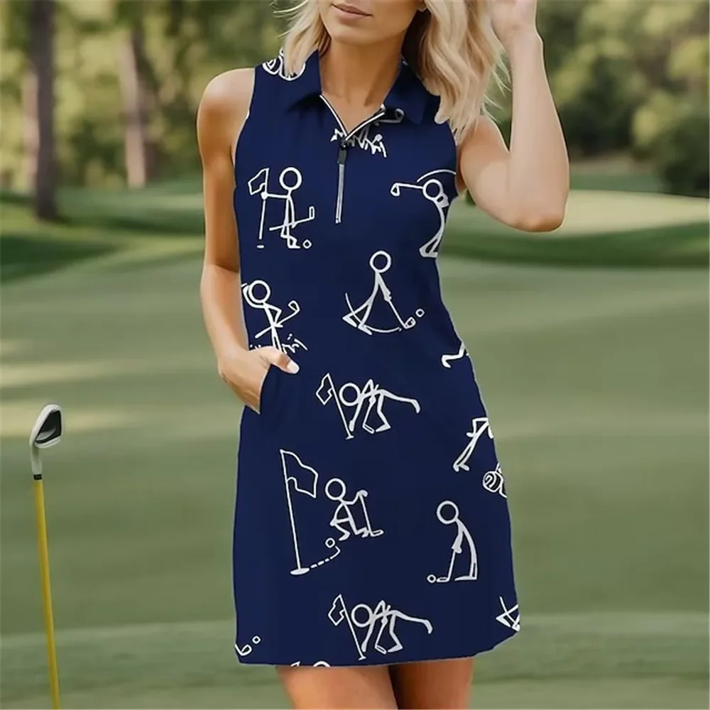 

Women's Summer Golf Gradient Cute Cartoon Print Sleeveless Dress Sport Comfortable Quick Drying Fitness Tennis Dress