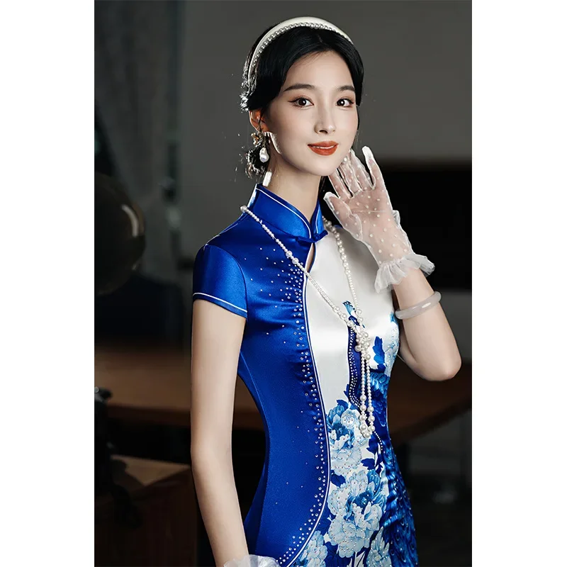 

Yourqipao Women Porcelain Cheongsam Improved Performance Costume Chinese Traditional Qipao Evening Dresses Retro Prom Gowns