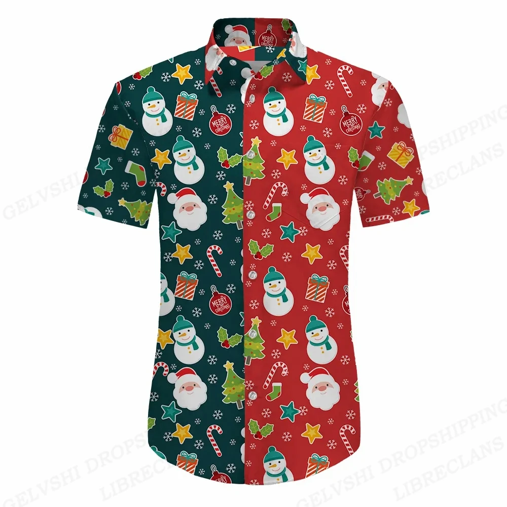 

Christmas Hawaii Shirt Men's Beach Blouse Men's Vocation Lapel Shirts Santa Claus Camisas Men's Clothing Turn Over Collar