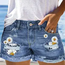 Daisy Print Patchwork Ripped Denim Shorts Women Spring Summer Sexy Shorts Pants Jeans Flower Button Mid Waist