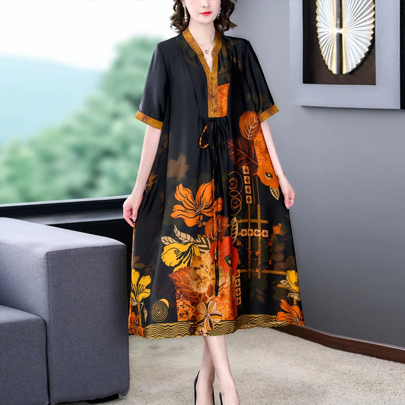 Print Silk Short Sleeve Casual Long Dress Women Luxury Elegant Loose Waist Dress Summer Korean Chic Evening Dress
Print Silk Short Sleeve Casual Long Dress Women Luxury Elegant Loose Waist Dress Summer Korean Chic Evening Dress