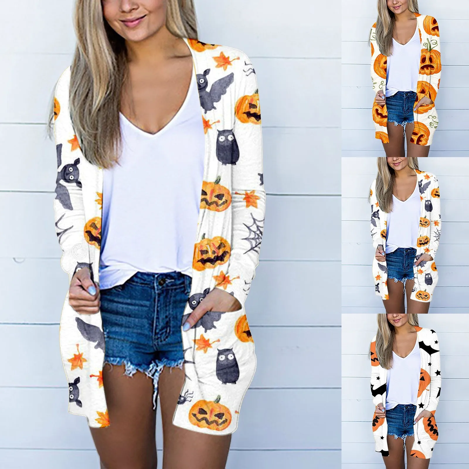 Women's Long Sleeved Buttonless Halloween Printed Medium Length Thin Cardigan 
Women's Long Sleeved Buttonless Halloween Printed Medium Length Thin Cardigan