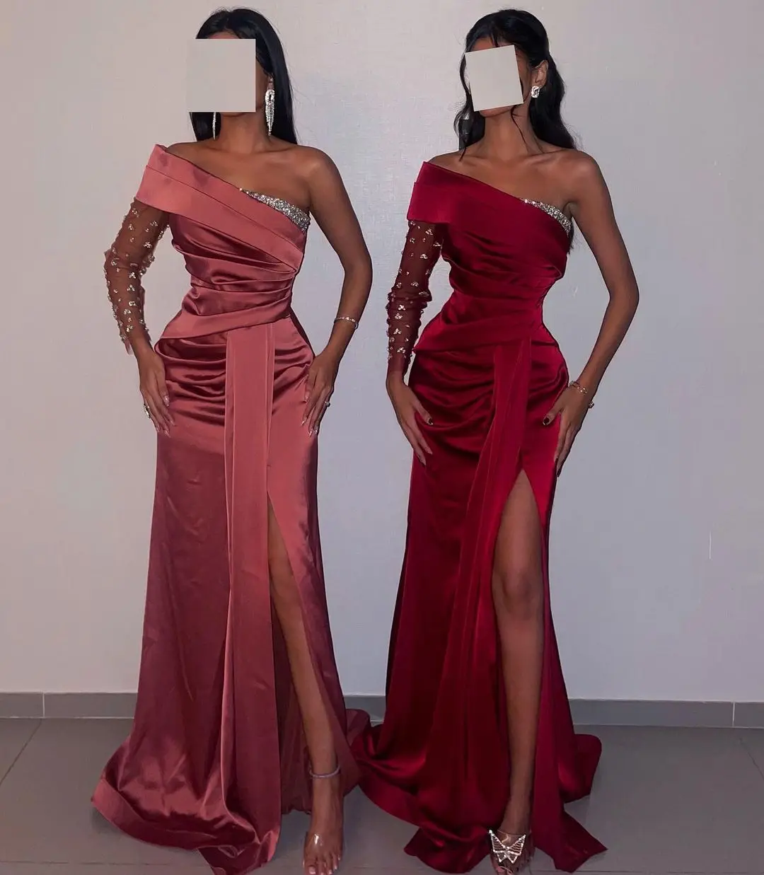 

Sisters Wear Side Slit Mermaid Prom Dresses Beaded One Shoulder Sheer Long Sleeve Formal Occasion Dress Ruched Trumpet Evening