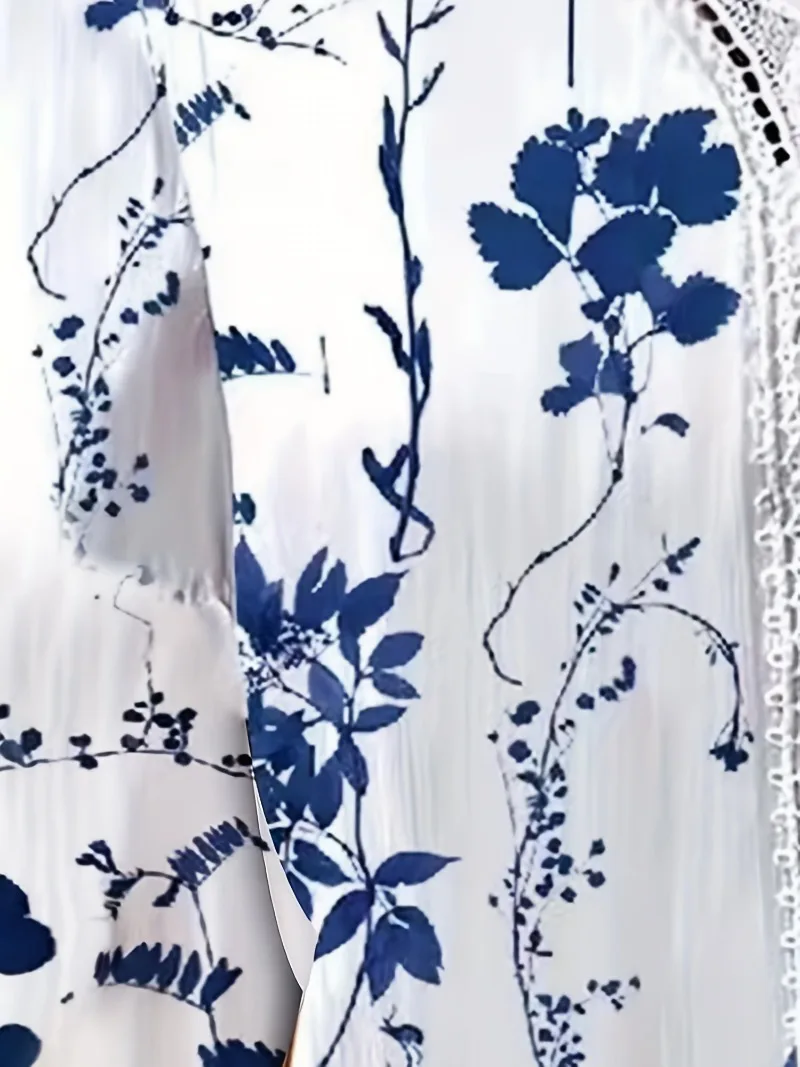 Plus Size 1XL-5XL Women's Floral Print Top Long Sleeved Hollow Out Casual Shirt V-neck Fashionable Shirt Plus Size 1XL-5XL Women's Floral Print Top Long Sleeved Hollow Out Casual Shirt V-neck Fashionable Shirt