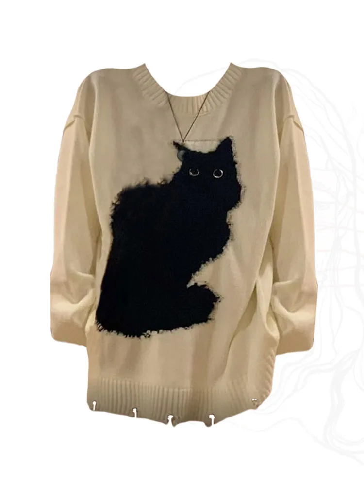 

2023 Women Autumn Winter Cartoon Cat Print Knitwear Jumper O-Neck Long Sleeve White Knitted Pullover Baggy Gyaru Preppy Style