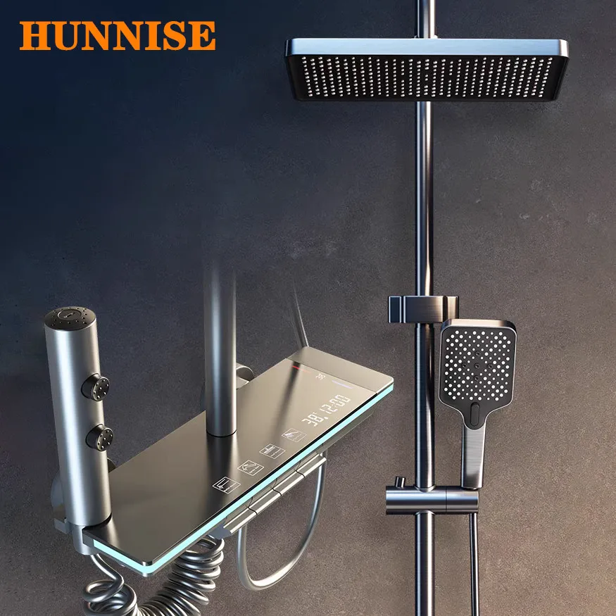 

Newly Digital Piano Bathroom Shower System HUNNISE Brass Hot Cold Bathroom Mixer Faucet Rain Thermostatic Digital Shower Set