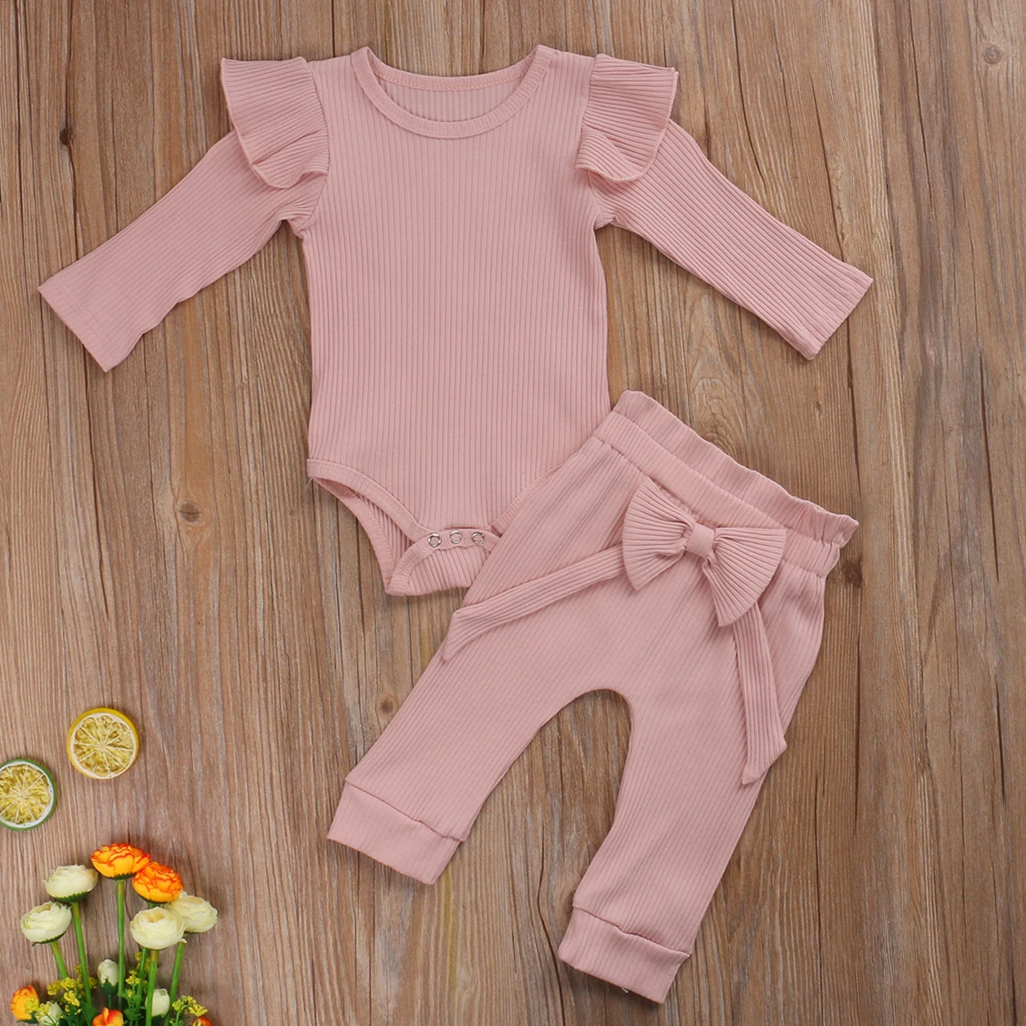 

Baby Cute Pants Set Hang Strip Style Long Sleeve Ruffled Romper Bowknot Decorated Elastic Trousers Suit