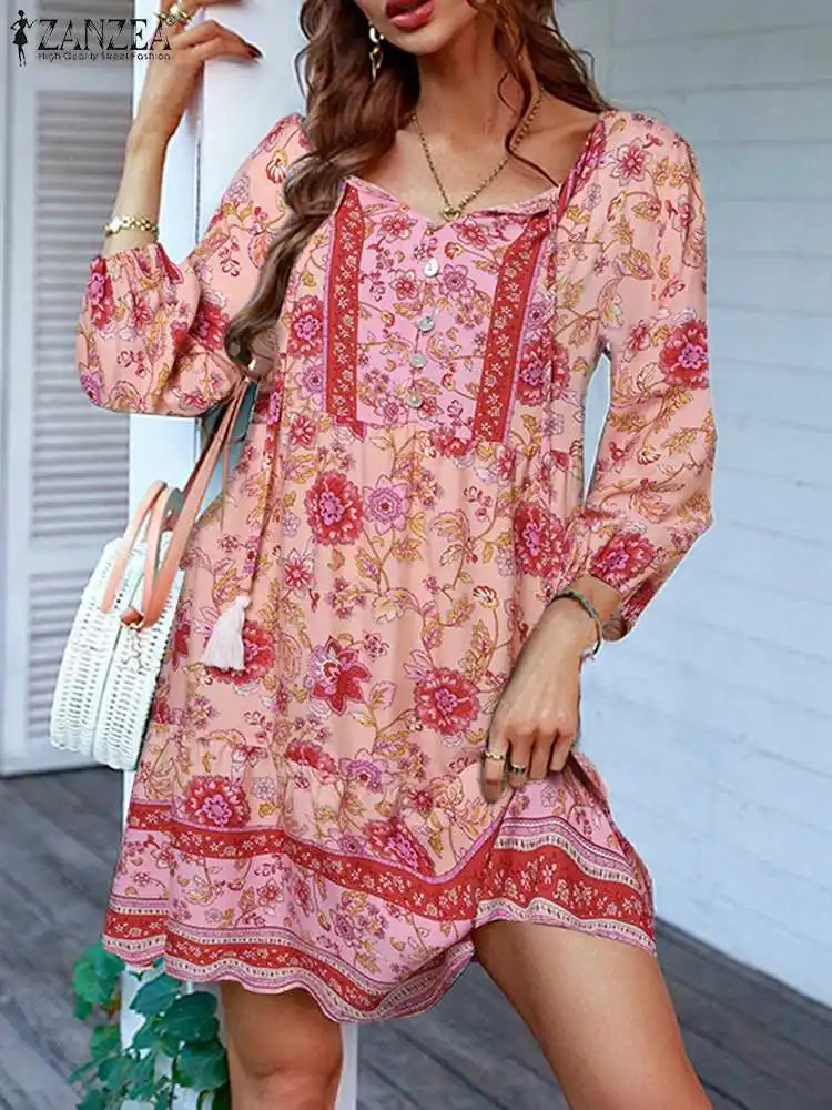 

Women Summer Mini Dress ZANZEA Elegant Floral Print Bohemian Tassel Holiday Robes Casual Ruffled Hem Vestidos Vintage Sundress