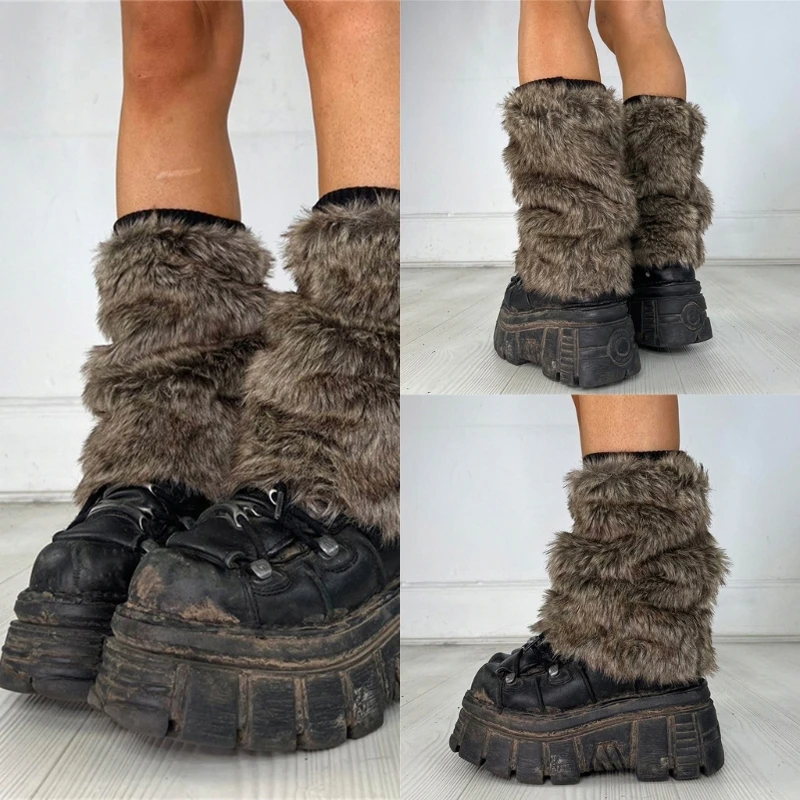 

Fuzzy Faux Furs Leg Warmers Furs Long Cuffs Cover Has Elastic One Pair Carnivals Boot Cover Y2K JK Uniform