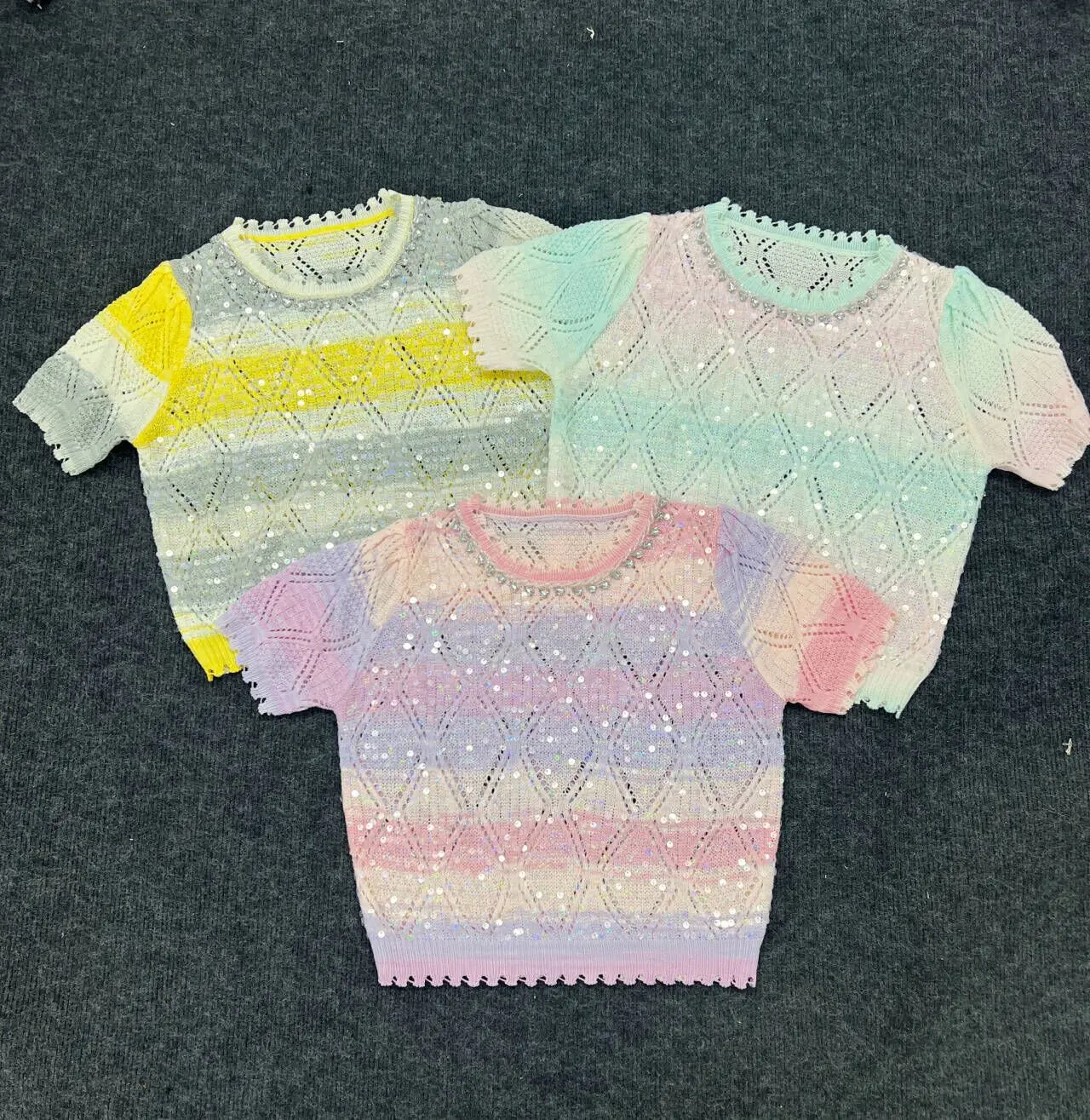 

2024 New Heavy Industry Sequin Colored Knitwear Short Sleeved T Shirt Women Linen Tops Casual Loose Shirt 2024 Summer X1018