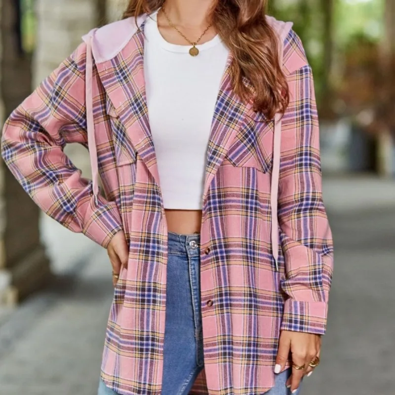Spring and Autumn Women's Cardigan Hooded Long Sleeve Contrast Plaid Stripe Button Pocket Patchwork Fashion Casual Shirt Tops
Spring and Autumn Women's Cardigan Hooded Long Sleeve Contrast Plaid Stripe Button Pocket Patchwork Fashion Casual Shirt Tops