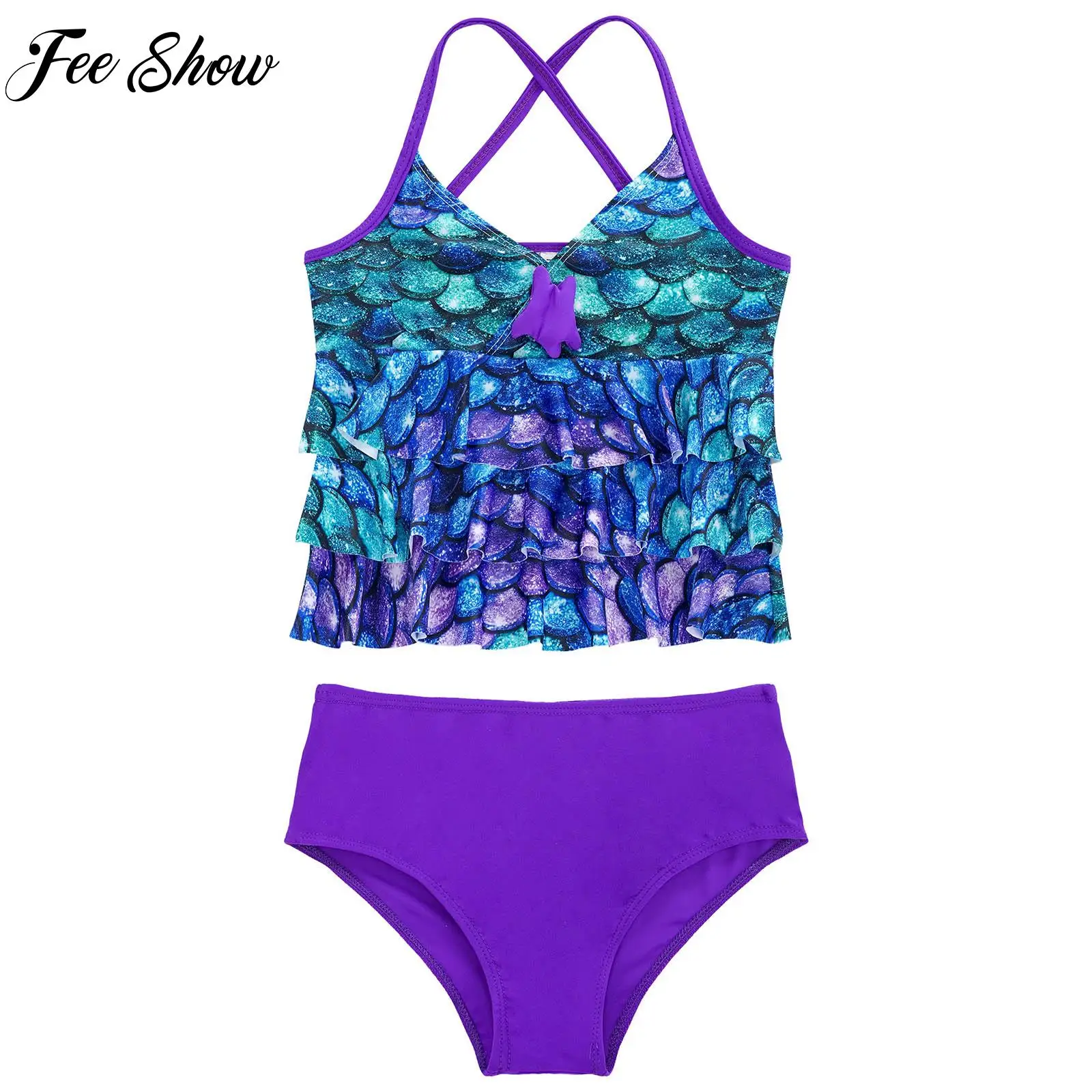

Kids Girls Tankini Mermaid Scales Printed Starfish Bikini Swimsuit Swimwear Bathing Suit Set Tops with Bottoms Multi 2PCS