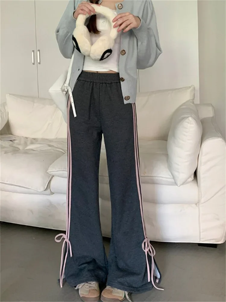 

Deeptown Y2K Fairycore Bow Sweatpants Women Korean Fashion Ribbon Gray Jogger Pants Harajuku Sweet Girly Striped Flare Trousers